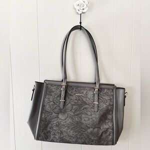 Mosiso grey embossed floral large laptop tote bag purse travel gold accents